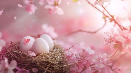 eggs in nest spring cherry flowers cross and heart on abstract pink background symbol of Easter holiday festive spring season template for design flat lay banner copy space : Generative AI