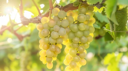 Fototapeta premium Close up of grapes hanging on branch Hanging grapes Grape farming Grapes farm Tasty green grape bunches hanging on branch Grapes Closeup of a blue grape hanging in a vineyard : Generative AI