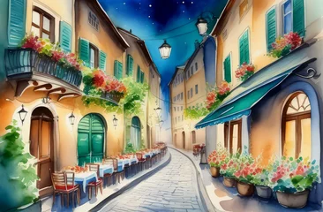 Fotobehang watercolor postcard with an old medieval European night street with an outdoor cafe © YuliaBulgakova