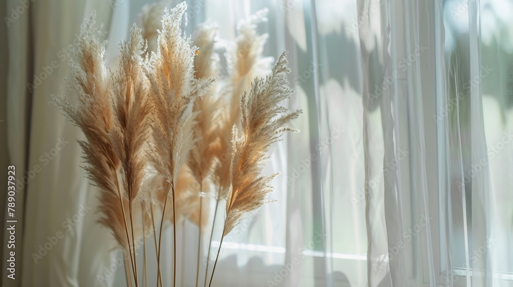 Poster dried natural pampas grass in a vase on the window interior decor element close up view soft selecti