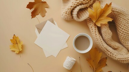 Autumn flat lay composition with blank paper card letter envelope coffee cup scarf fallen leaves on beige background Autumn hygge style desk table top view : Generative AI