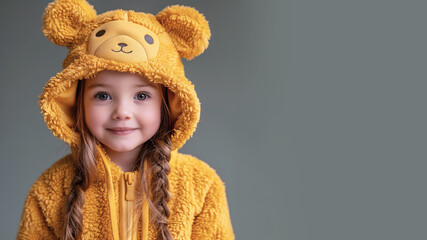 A cute smiling girl wears a yellow fluffy animal knitted hoodie hat