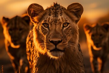lioness looking at the camera at sunset. generative ai