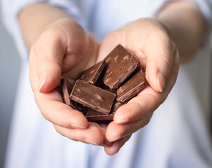 delicious, dark chocolate in female hands on a light background.