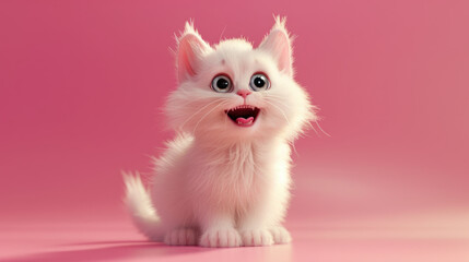 Fototapeta na wymiar 3d render of cartoon character happy white cat sitting on pink background. cute pet with big eyes and open mouth, fluffy fur. 