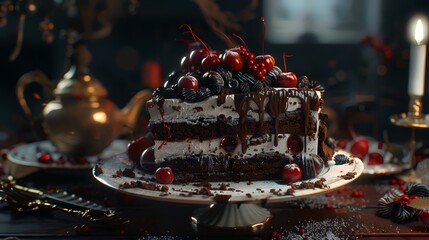Chocolate cake with cherries on a wooden table. Selective focus.