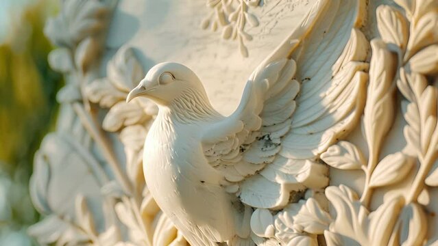 Closeup of a marble monument featuring a dove with an olive branch representing the universal symbol of peace. .