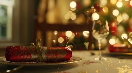 Close up of Christmas table setting with a Christmas cracker arranged on a plate and Christmas tree in the background : Generative AI - Powered by Adobe