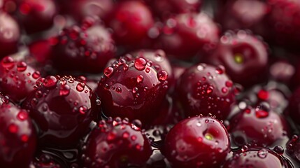 a lot of red ripe cherries close up with water drops : Generative AI