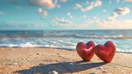 Sweet two heart on sand beach blue sky abstract background love summer