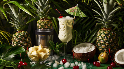 Sunshine in a Glass: The Artful Preparation of a Refreshing Piña Colada Cocktail - obrazy, fototapety, plakaty
