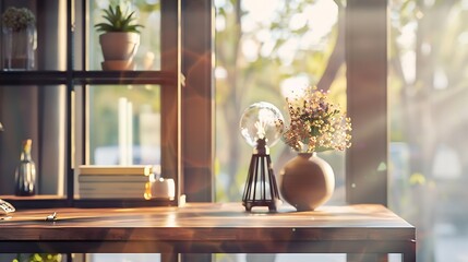 Closeup on small and stylish study area with wooden desk decorative lamps shelf and vase : Generative AI - Powered by Adobe