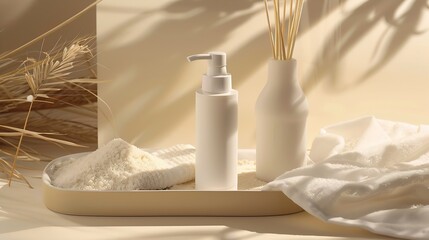 Beige background featured a tray with unbranded pump bottle and white towel displayed on Rice bran powder not only decongests pores but also can brighten : Generative AI