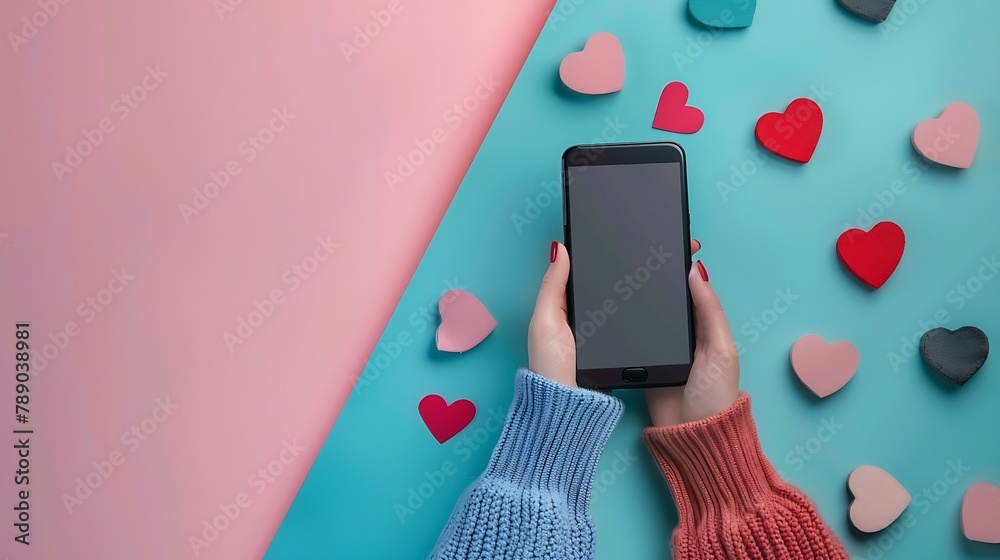 Poster woman hand holding mobile phone with blank screen on colored background with hearts valentine day co