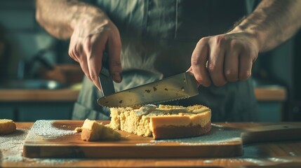 closeup of male hands in kitchen at home cutting sponge cake on cutting board with large steel knife cutting portions to eat : Generative AI - obrazy, fototapety, plakaty