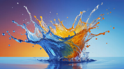 A multicolored liquid splashing into a body of water on an orange and blue background with a splash of water. Colorful water splash - obrazy, fototapety, plakaty