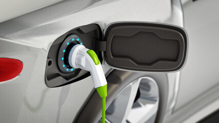Electric car plugged to charging station. 3D illustration - 789038984