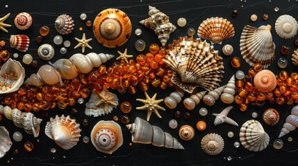 On a sleek black plywood surface a delightful assortment of amber and coral beads mingle with shells and stones collected from various seas and regions - obrazy, fototapety, plakaty
