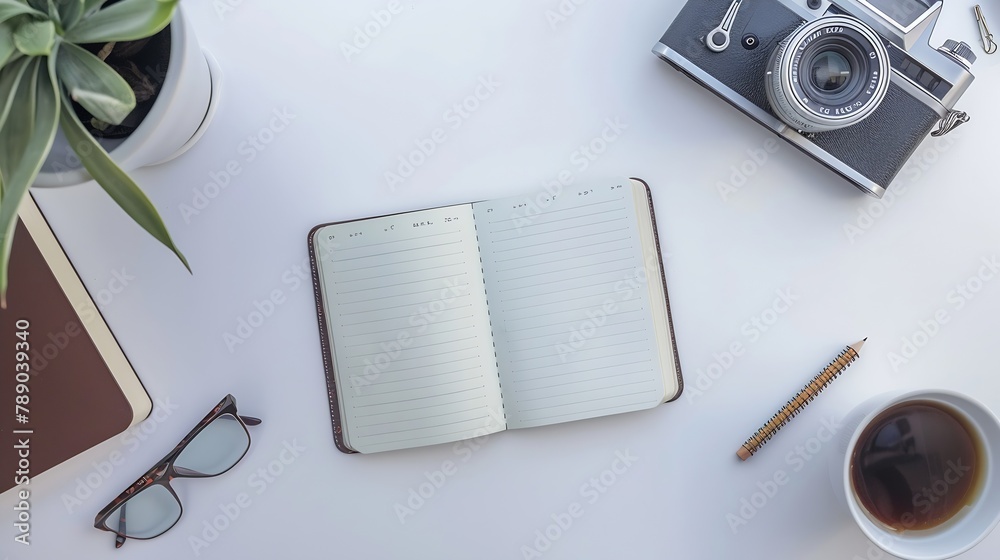 Aufkleber workspace with notebook keyboard photo camera open notebook sketchbook and coffee on white background Flat lay top view office table desk : Generative AI