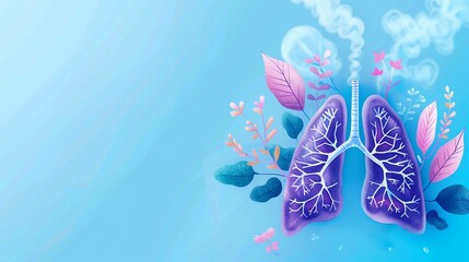 A banner for May 4 for World Asthma Day with an illustration of purple lungs with plants. The banner is in cool blue shades. - obrazy, fototapety, plakaty