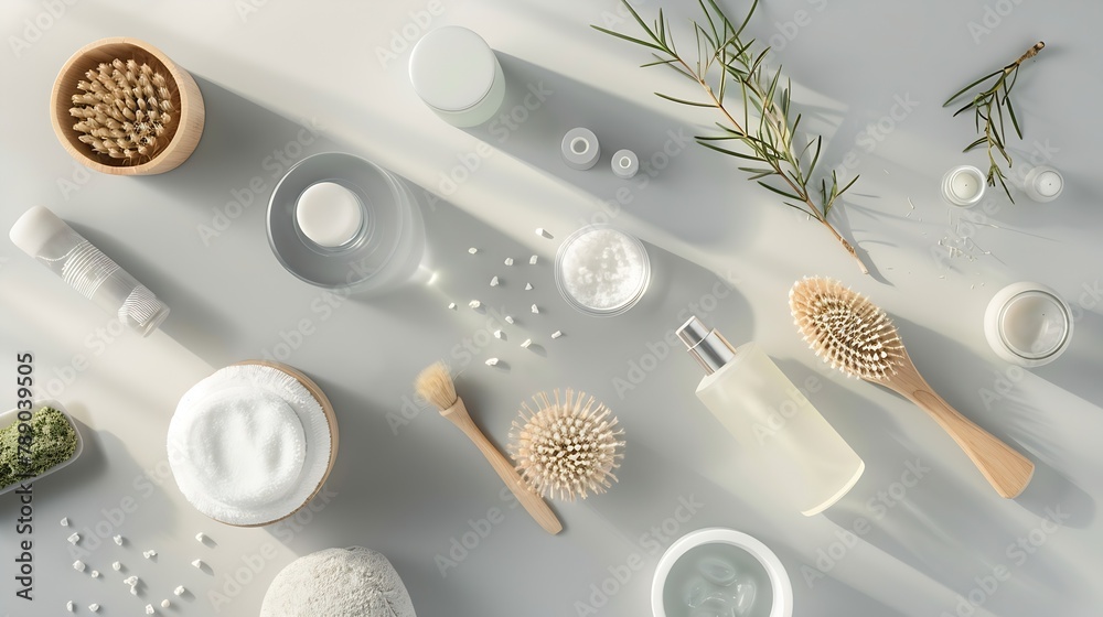 Poster various spa related objects on gray background top view body and skin care flat lay with copy space 