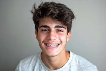 portrait of a smiling teenage boy with dental braces on his teeth, copy space