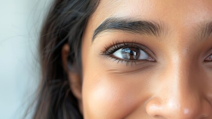 Fototapeta premium Crop close up of eyes of smiling young Indian woman look at camera feel optimistic satisfied Closeup of happy millennial mixed race ethnicity female Diversity ethnic wide view concept : Generative AI