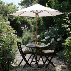 Obraz premium a set of garden furniture for relaxing in the garden, a table, chairs and an umbrella on a garden background