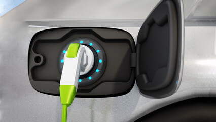 Electric car plugged to charging station. 3D illustration