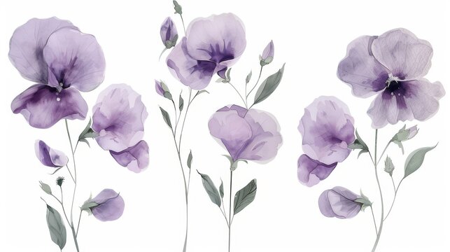 watercolor illustration of a sprig of purple sweet pea flowers on a white background, summer botanical drawing for wedding invitation or card, print