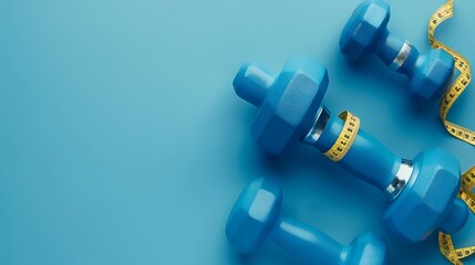 Blue dumbbells and measuring tape on a blue background Flat lay copy space Equipment for home workouts and exercises in the gym Sports dumbbell for a healthy lifestyle top view Fitness : Generative AI - obrazy, fototapety, plakaty