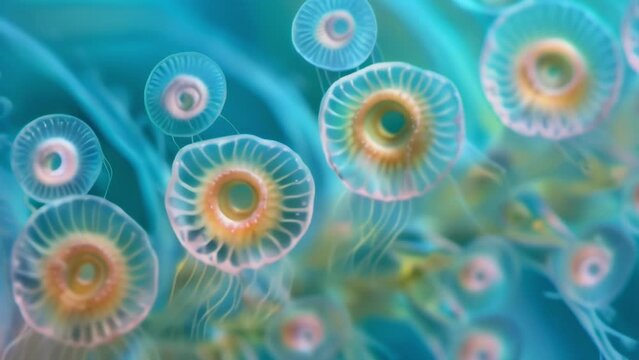 A delicate chain of diatoms each one ly visible to the d eye are revealed under the microscope their intricate designs serving as . AI generation.
