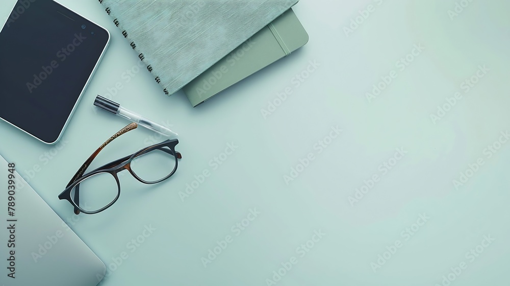 Poster Flat lay photo of office desk with laptop smartphone eyeglasses and notebook with copy space background : Generative AI