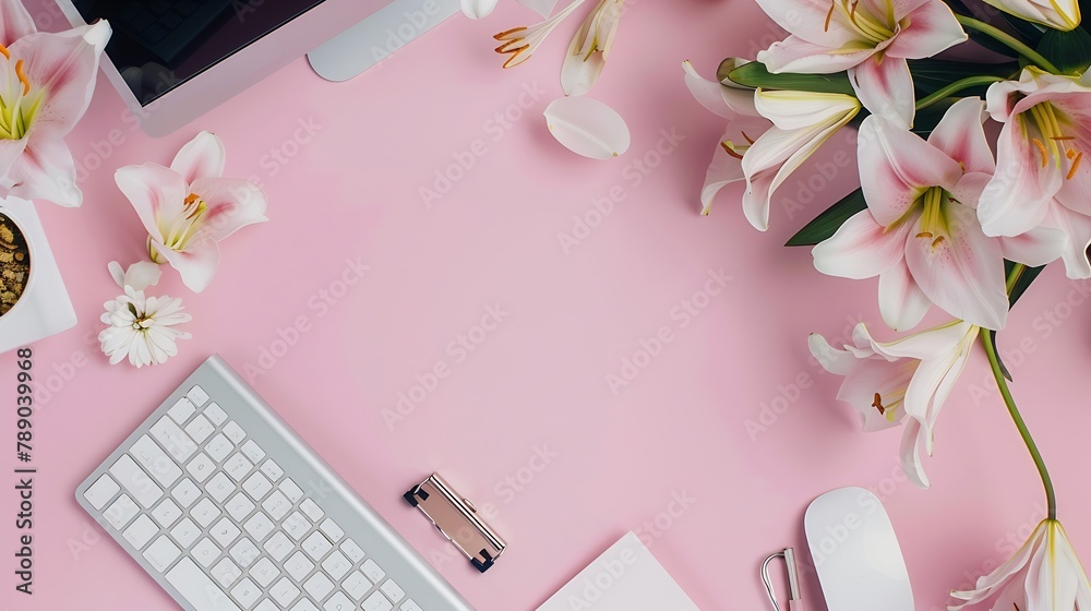 Poster workspace with computer bouquet lilies clipboard womens fashion accessories isolated on pink backgro