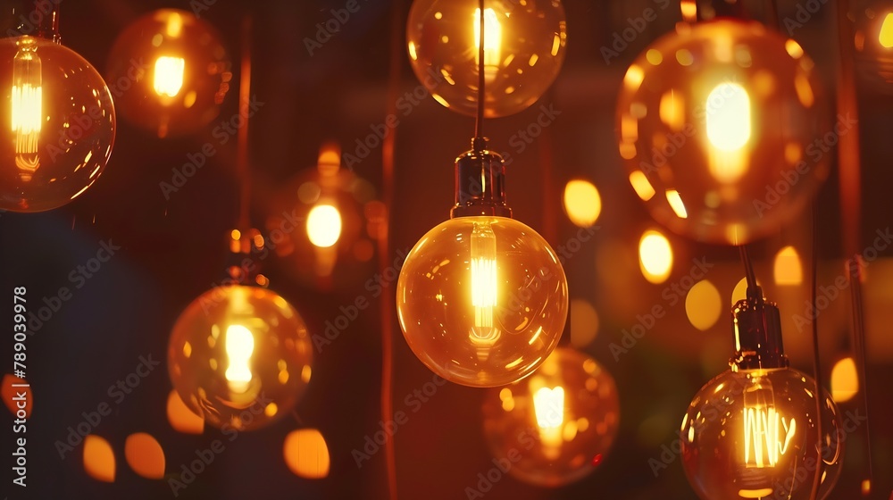 Aufkleber classic sphere lighting bulbs are glowing in orange warming shade there are hanging from ceiling in 