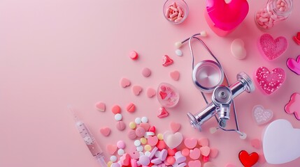 Table top view aerial image of accessories healthcare  medical with Valentines day background concepttelescope with colorful heart shape on pink paperFlat lay items for doctor using tr : Generative AI