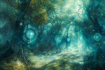 Mystical druid forest with symbols