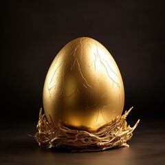 Golden egg in a gold nest on a dark background. - obrazy, fototapety, plakaty