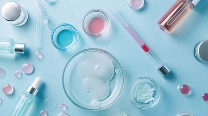 Petri dishes with samples of cosmetic serums bottle and pipettes on light blue background flat lay : Generative AI