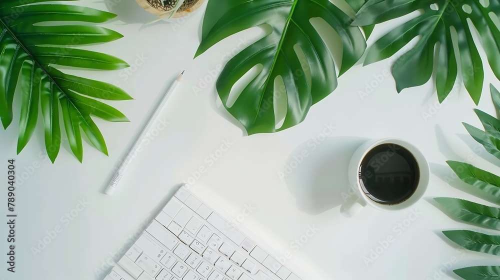 Poster Flat lay top view office table desk Workspace with blank clip board keyboard office supplies pencil green leaf and coffee cup on white background : Generative AI