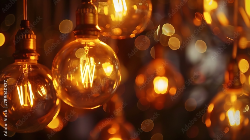 Aufkleber classic sphere lighting bulbs are glowing in orange warming shade there are hanging from ceiling in 