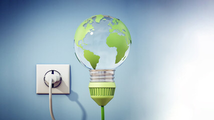 Earth shaped lightbulb plugged to electric socket. Sustainability concept. 3D illustration