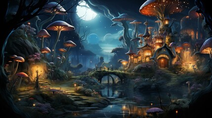 Fairy Village in the Enchanted Forest. Whimsical Forest with Glowing Lights and Treehouses. Magical Nature Concept. Children's Book Illustration