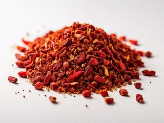 Close up spicy chili red pepper flakes, chopped, milled dry paprika pile isolated on white - obrazy, fototapety, plakaty