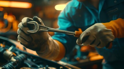 An auto mechanic repairs a car with a socket wrench Closeup Quality professional car repair Content for advertising an auto repair shop service station auto store : Generative AI