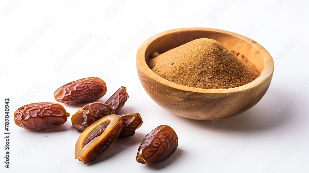 Aufkleber date fruit powder in wooden bowl with dry dates fruits isolated on white background top view flat la