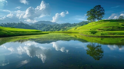 Vast and beautiful green hills fill the landscape dotted with long lush green trees while paddy fields stretch out fresh water rippling beneath reflections of the sky and fluffy clouds