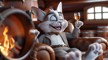 A cartoon cat with a big smile is sitting by the window, holding a glass of wine - obrazy, fototapety, plakaty
