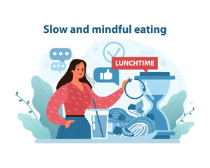 Mindful Eating Concept. Illustration advocating for the benefits of slow.