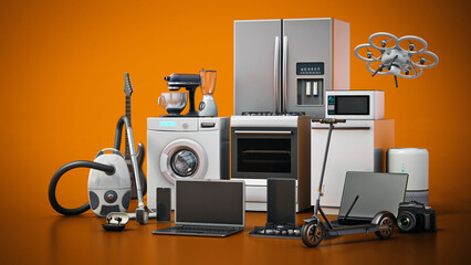 Group of home appliances and consumer electronics standing on red background. 3D illustration